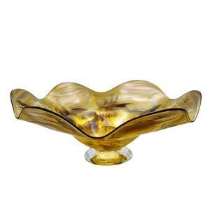 Handblown Amber Glass Wavy Compote Centerpiece Aventurine Signed By Artist 2006
